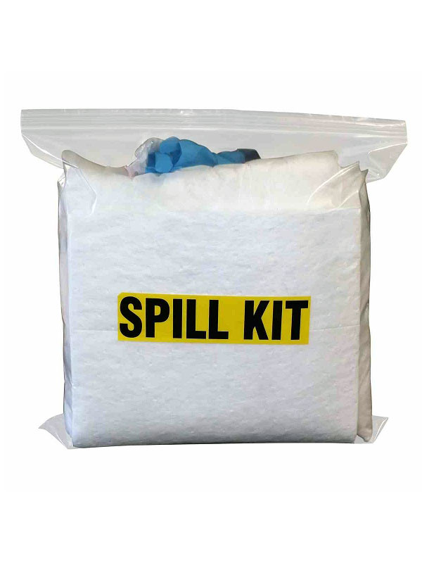 Oil spill response kit in resealable poly bag